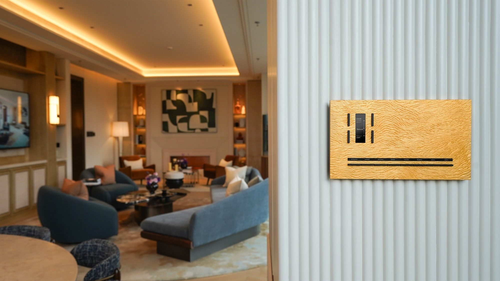 Gold Sublime Max panel beside a living room